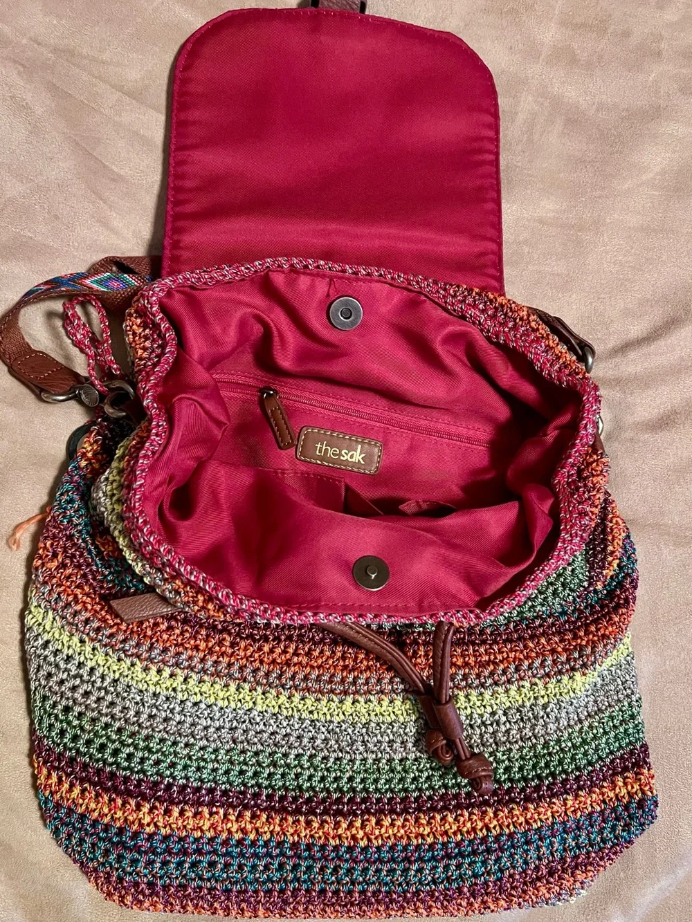 The Sak Avalon Brown & Multicolor Crochet Backpack with Patterned Strap